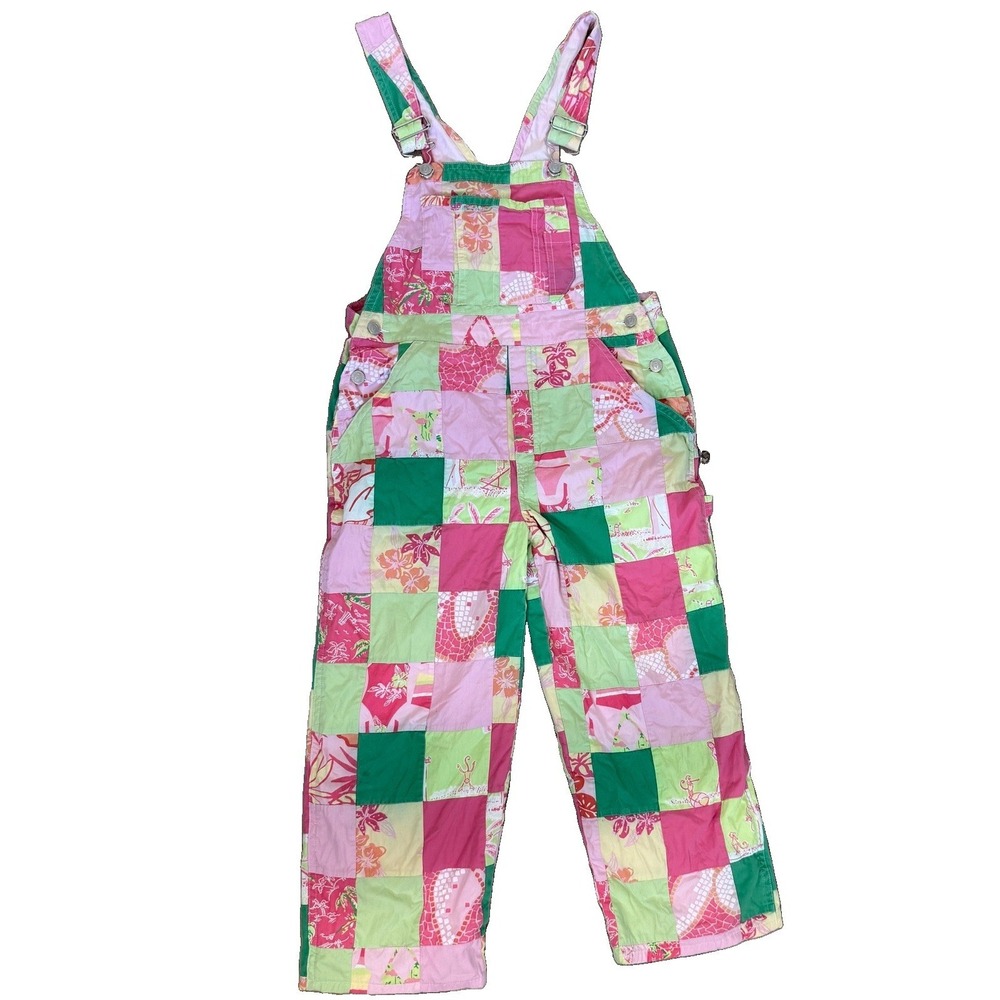 Lilly Pulitzer Girls Size 7 Multi Color Patchwork Overalls Floral Funky